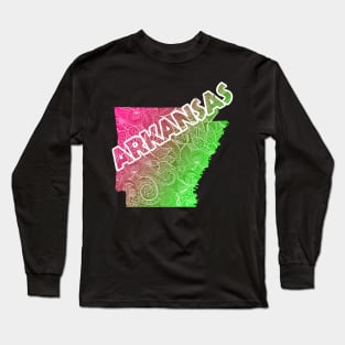 Colorful mandala art map of Arkansas with text in pink and green Long Sleeve T-Shirt